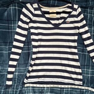Hollister Navy and White Striped V-Neck Long Sleeve Tee